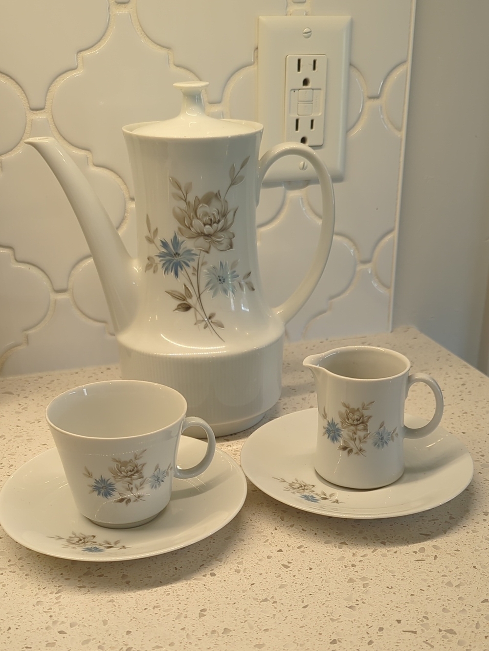 Vintage White Floral Porcelain Coffee Set with Blue Accents